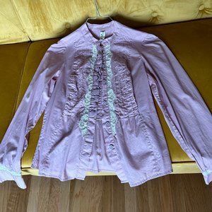 anthropologie floreat light mauve buttoned blouse with lace and pleated accents